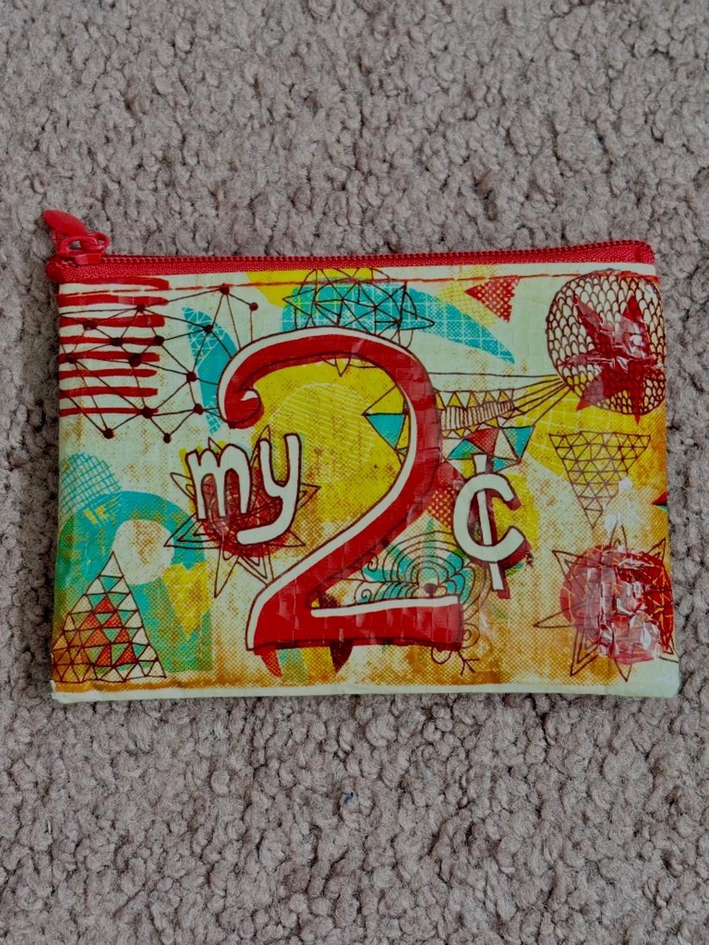 Blue Q Coin Purse Recycled Eco Friendly Zippered Pouch 'My 2 Cents' Zip Bag